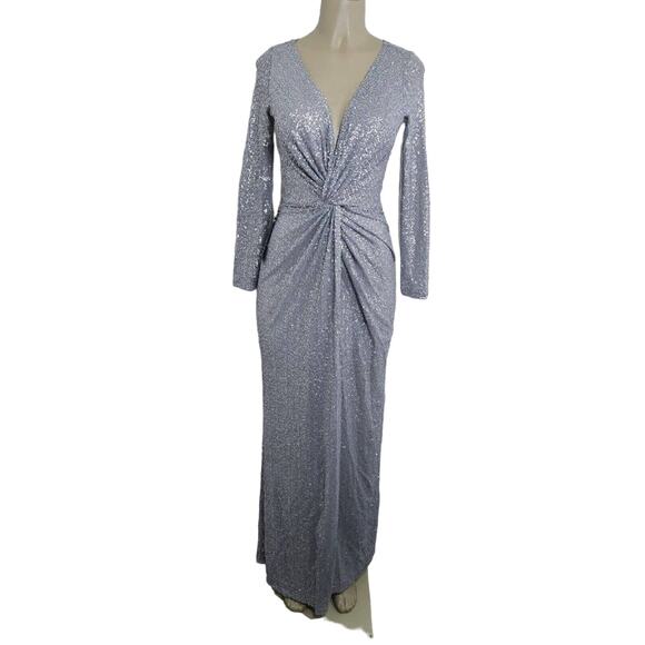 bebe Silver Sequin Front Twist Dress Long Sleeve Maxi Formal Wedding Prom NYE XS - Picture 1 of 15